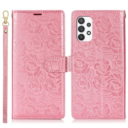 For Samsung Galaxy A13 4G / 5G Case with Hand Strap Flower Imprint Leather Wallet Phone Cover - Rose Gold