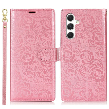 For Samsung Galaxy S23 FE Case with Hand Strap Flower Imprint Leather Wallet Phone Cover - Rose Gold