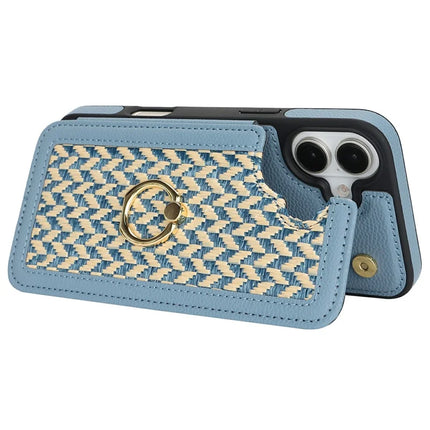 For iPhone 16 Case with Card Holder, Strap, Kickstand PU+TPU Phone Back Cover Support RFID Blocking