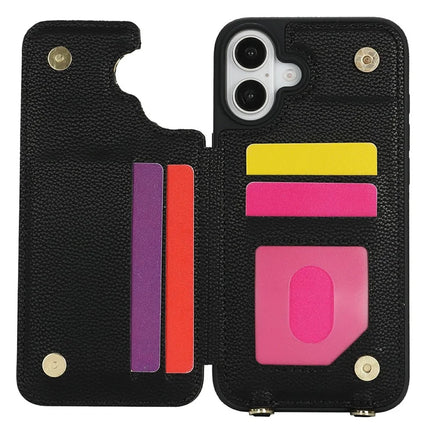 For iPhone 16 Case with Card Holder, Strap, Kickstand PU+TPU Phone Back Cover Support RFID Blocking