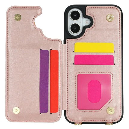 For iPhone 16 Case with Card Holder, Strap, Kickstand PU+TPU Phone Back Cover Support RFID Blocking