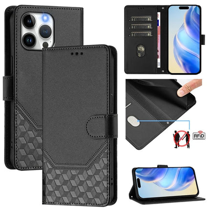 For iPhone 15 Pro Max Case Imprinted Honeycomb RFID Blocking Leather Phone Cover with Strap - Black