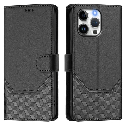 For iPhone 15 Pro Max Case Imprinted Honeycomb RFID Blocking Leather Phone Cover with Strap