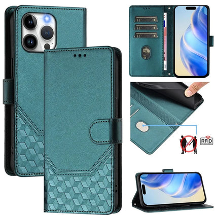 For iPhone 15 Pro Max Case Imprinted Honeycomb RFID Blocking Leather Phone Cover with Strap - Green
