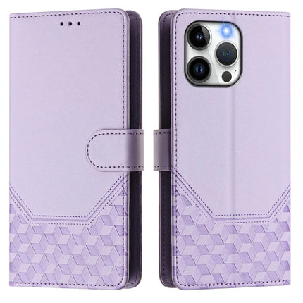 For iPhone 15 Pro Max Case Imprinted Honeycomb RFID Blocking Leather Phone Cover with Strap