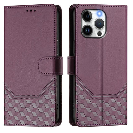 For iPhone 15 Pro Max Case Imprinted Honeycomb RFID Blocking Leather Phone Cover with Strap