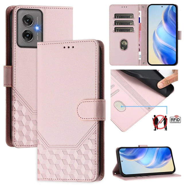 For Motorola Moto G55 5G Case Imprinted Honeycomb RFID Blocking Leather Phone Cover with Strap - Pink
