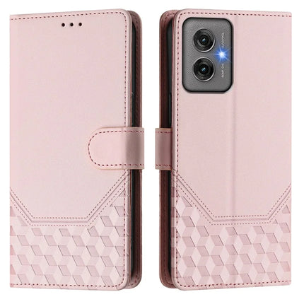 For Motorola Moto G55 5G Case Imprinted Honeycomb RFID Blocking Leather Phone Cover with Strap