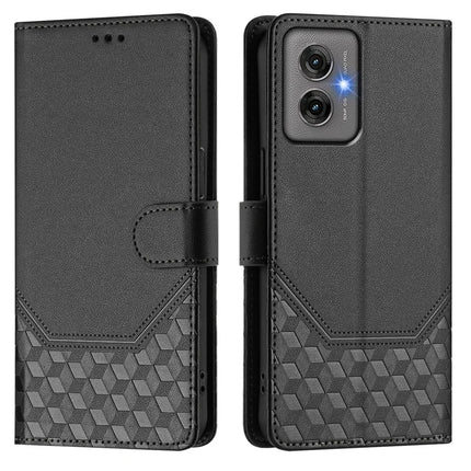 For Motorola Moto G55 5G Case Imprinted Honeycomb RFID Blocking Leather Phone Cover with Strap