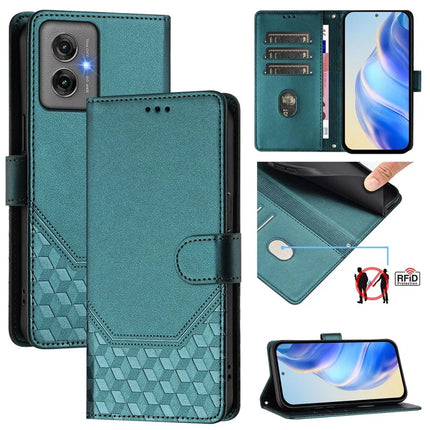For Motorola Moto G55 5G Case Imprinted Honeycomb RFID Blocking Leather Phone Cover with Strap - Green