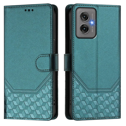 For Motorola Moto G55 5G Case Imprinted Honeycomb RFID Blocking Leather Phone Cover with Strap