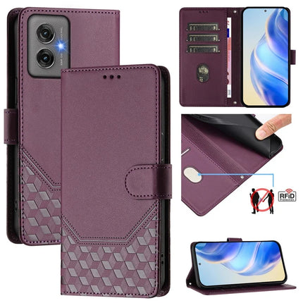 For Motorola Moto G55 5G Case Imprinted Honeycomb RFID Blocking Leather Phone Cover with Strap - Dark Purple