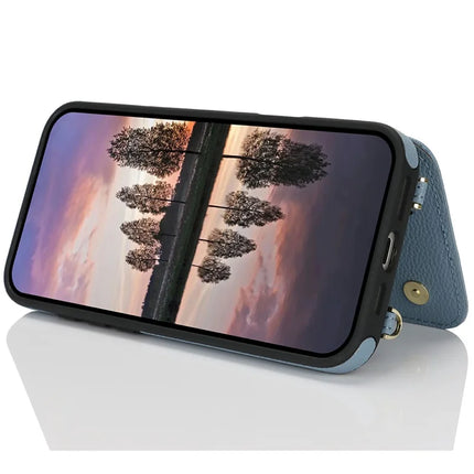 For iPhone 16 Pro Max Case with Card Holder, Strap, Kickstand PU+TPU Phone Back Cover Support RFID Blocking