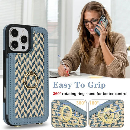 For iPhone 16 Pro Max Case with Card Holder, Strap, Kickstand PU+TPU Phone Back Cover Support RFID Blocking