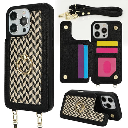 For iPhone 16 Pro Max Case with Card Holder, Strap, Kickstand PU+TPU Phone Back Cover Support RFID Blocking - Black