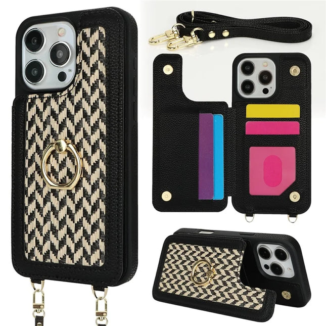 For iPhone 16 Pro Max Case with Card Holder, Strap, Kickstand PU+TPU Phone Back Cover Support RFID Blocking - Black
