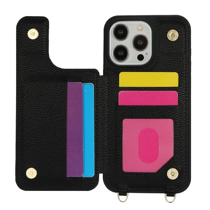 For iPhone 16 Pro Max Case with Card Holder, Strap, Kickstand PU+TPU Phone Back Cover Support RFID Blocking