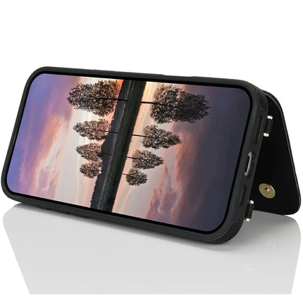 For iPhone 16 Pro Max Case with Card Holder, Strap, Kickstand PU+TPU Phone Back Cover Support RFID Blocking