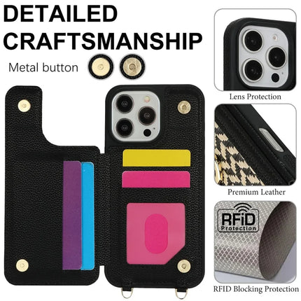 For iPhone 16 Pro Max Case with Card Holder, Strap, Kickstand PU+TPU Phone Back Cover Support RFID Blocking