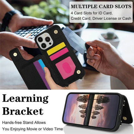 For iPhone 16 Pro Max Case with Card Holder, Strap, Kickstand PU+TPU Phone Back Cover Support RFID Blocking
