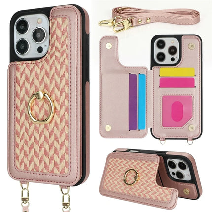 For iPhone 16 Pro Max Case with Card Holder, Strap, Kickstand PU+TPU Phone Back Cover Support RFID Blocking - Pink