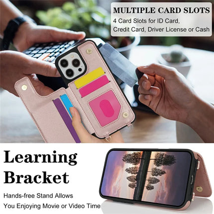 For iPhone 16 Pro Max Case with Card Holder, Strap, Kickstand PU+TPU Phone Back Cover Support RFID Blocking