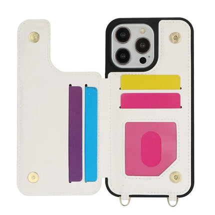 For iPhone 16 Pro Max Case with Card Holder, Strap, Kickstand PU+TPU Phone Back Cover Support RFID Blocking
