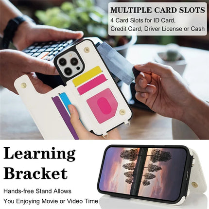 For iPhone 16 Pro Max Case with Card Holder, Strap, Kickstand PU+TPU Phone Back Cover Support RFID Blocking