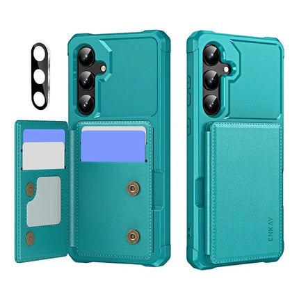 For Samsung Galaxy A35 5G ENKAY Hat-Prince Wallet Card Slot Kickstand PU Leather +TPU Back Phone Cover with Camera Lens Film - Cyan