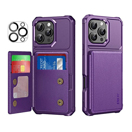 For iPhone 15 Pro Max ENKAY Hat-Prince Wallet Card Slot Kickstand PU Leather +TPU Back Phone Cover with Camera Lens Film - Purple
