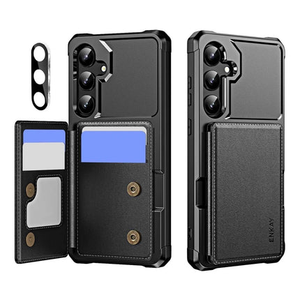 For Samsung Galaxy A55 5G ENKAY Hat-Prince Wallet Card Slot Kickstand PU Leather +TPU Back Phone Cover with Camera Lens Film - Black