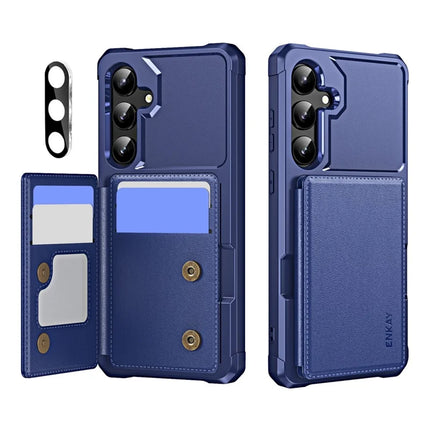 For Samsung Galaxy A55 5G ENKAY Hat-Prince Wallet Card Slot Kickstand PU Leather +TPU Back Phone Cover with Camera Lens Film - Dark Blue
