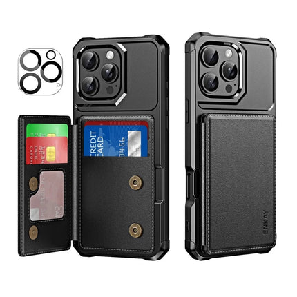 For iPhone 16 Pro Max ENKAY Hat-Prince Wallet Card Slot Kickstand PU Leather +TPU Back Phone Cover with Camera Lens Film - Black