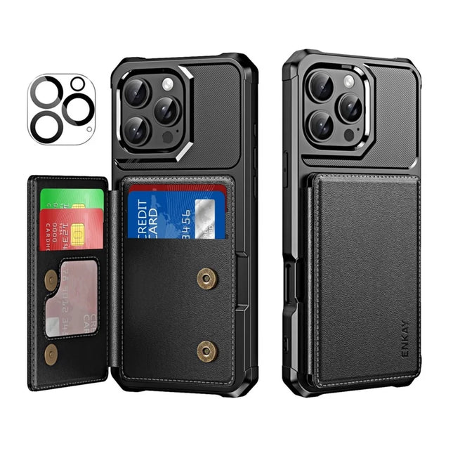 For iPhone 16 Pro Max ENKAY Hat-Prince Wallet Card Slot Kickstand PU Leather +TPU Back Phone Cover with Camera Lens Film - Black