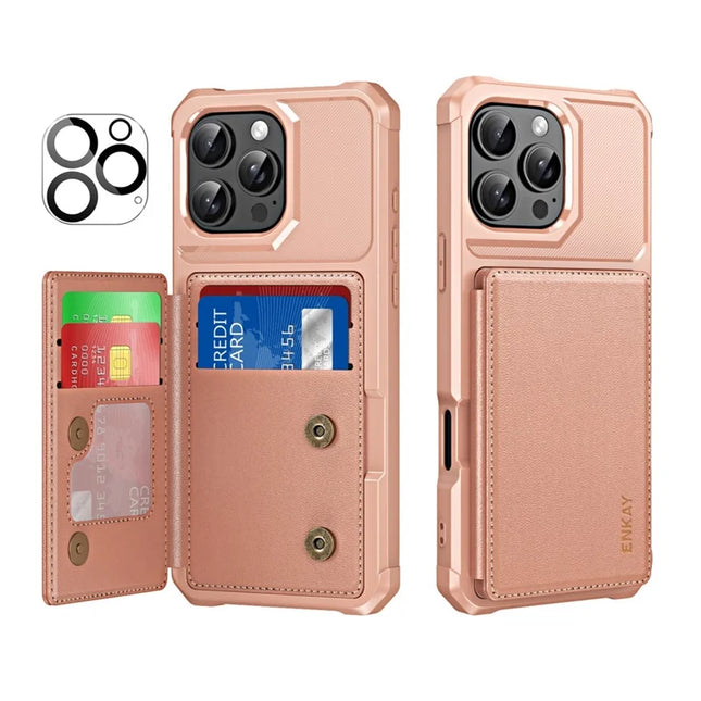 For iPhone 16 Pro Max ENKAY Hat-Prince Wallet Card Slot Kickstand PU Leather +TPU Back Phone Cover with Camera Lens Film - Rose Gold