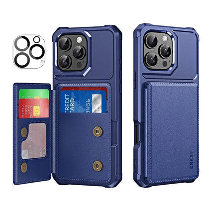 For iPhone 16 Pro Max ENKAY Hat-Prince Wallet Card Slot Kickstand PU Leather +TPU Back Phone Cover with Camera Lens Film - Dark Blue