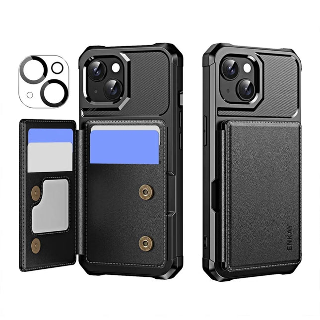 For iPhone 14 ENKAY Hat-Prince Wallet Card Slot Kickstand PU Leather +TPU Back Phone Cover with Camera Lens Film - Black