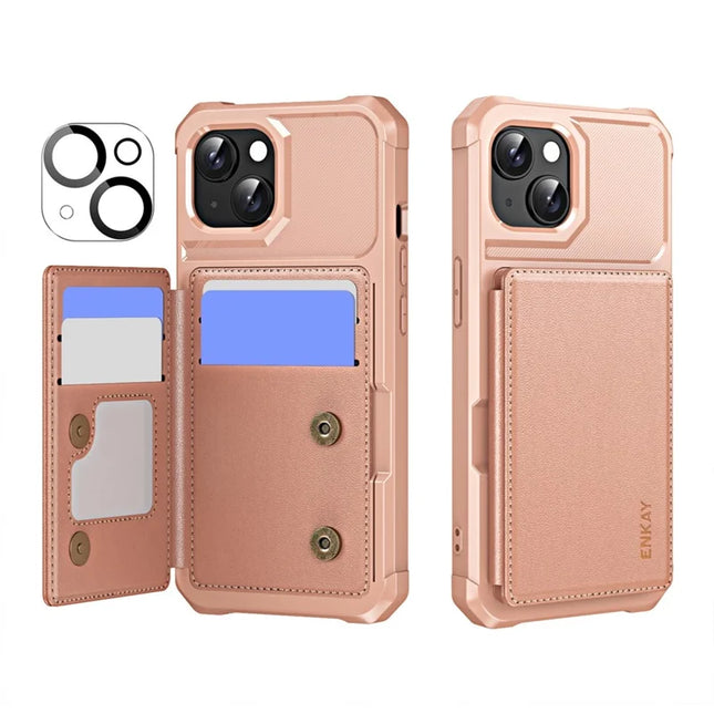 For iPhone 14 ENKAY Hat-Prince Wallet Card Slot Kickstand PU Leather +TPU Back Phone Cover with Camera Lens Film - Rose Gold