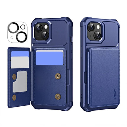 For iPhone 14 ENKAY Hat-Prince Wallet Card Slot Kickstand PU Leather +TPU Back Phone Cover with Camera Lens Film - Dark Blue