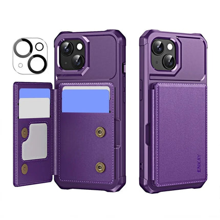 For iPhone 14 ENKAY Hat-Prince Wallet Card Slot Kickstand PU Leather +TPU Back Phone Cover with Camera Lens Film - Purple