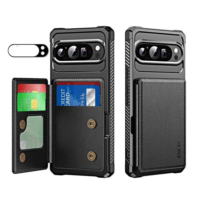 For Google Pixel 9 / Google Pixel 9 Pro ENKAY Hat-Prince Wallet Card Slot Kickstand PU Leather +TPU Back Phone Cover with Camera Lens Film - Black