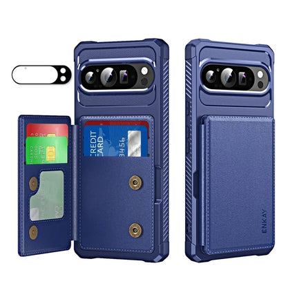 For Google Pixel 9 / Google Pixel 9 Pro ENKAY Hat-Prince Wallet Card Slot Kickstand PU Leather +TPU Back Phone Cover with Camera Lens Film - Dark Blue