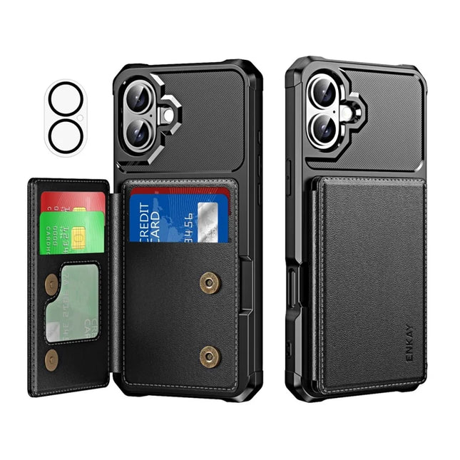 For iPhone 16 Plus ENKAY Hat-Prince Wallet Card Slot Kickstand PU Leather +TPU Back Phone Cover with Camera Lens Film - Black