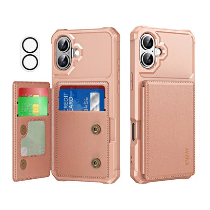 For iPhone 16 Plus ENKAY Hat-Prince Wallet Card Slot Kickstand PU Leather +TPU Back Phone Cover with Camera Lens Film - Rose Gold