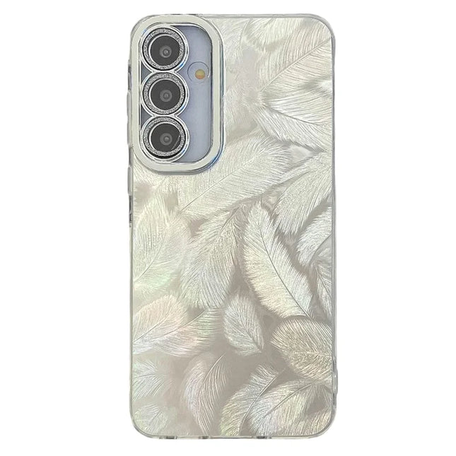 For Samsung Galaxy A36 5G / A56 5G Case IMD Design Shockproof PC+TPU Phone Cover with Glass Lens Film - Feather Pattern / Silver