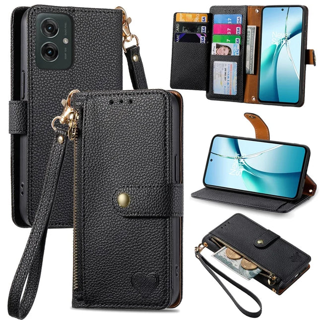 For Motorola Moto G55 5G Case RFID Blocking Zipper Pocket Leather Wallet Phone Cover - Black