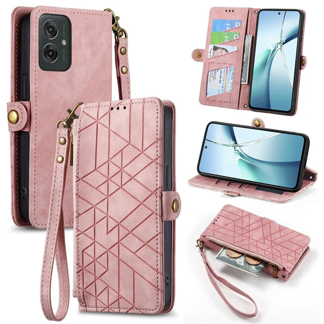 For Motorola Moto G55 5G PU Leather Stand Wallet Cover Geometry Imprinted Phone Case - Pink