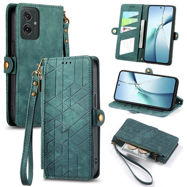 For Motorola Moto G55 5G PU Leather Stand Wallet Cover Geometry Imprinted Phone Case - Green