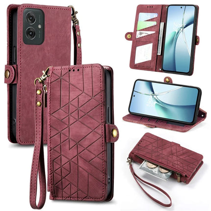 For Motorola Moto G55 5G PU Leather Stand Wallet Cover Geometry Imprinted Phone Case - Red