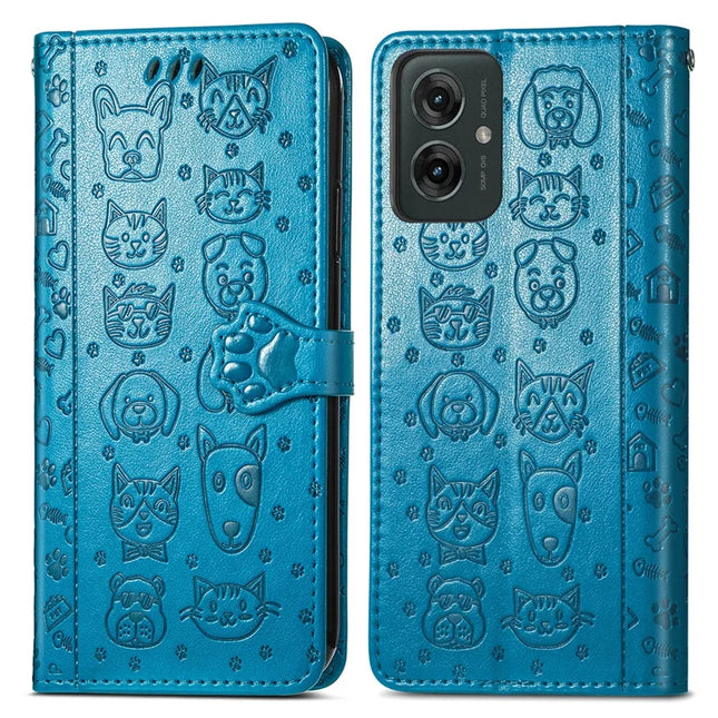 For Motorola Moto G55 5G Case Leather Wallet Flip Phone Cover Cute Cat Dog Pattern - Blue